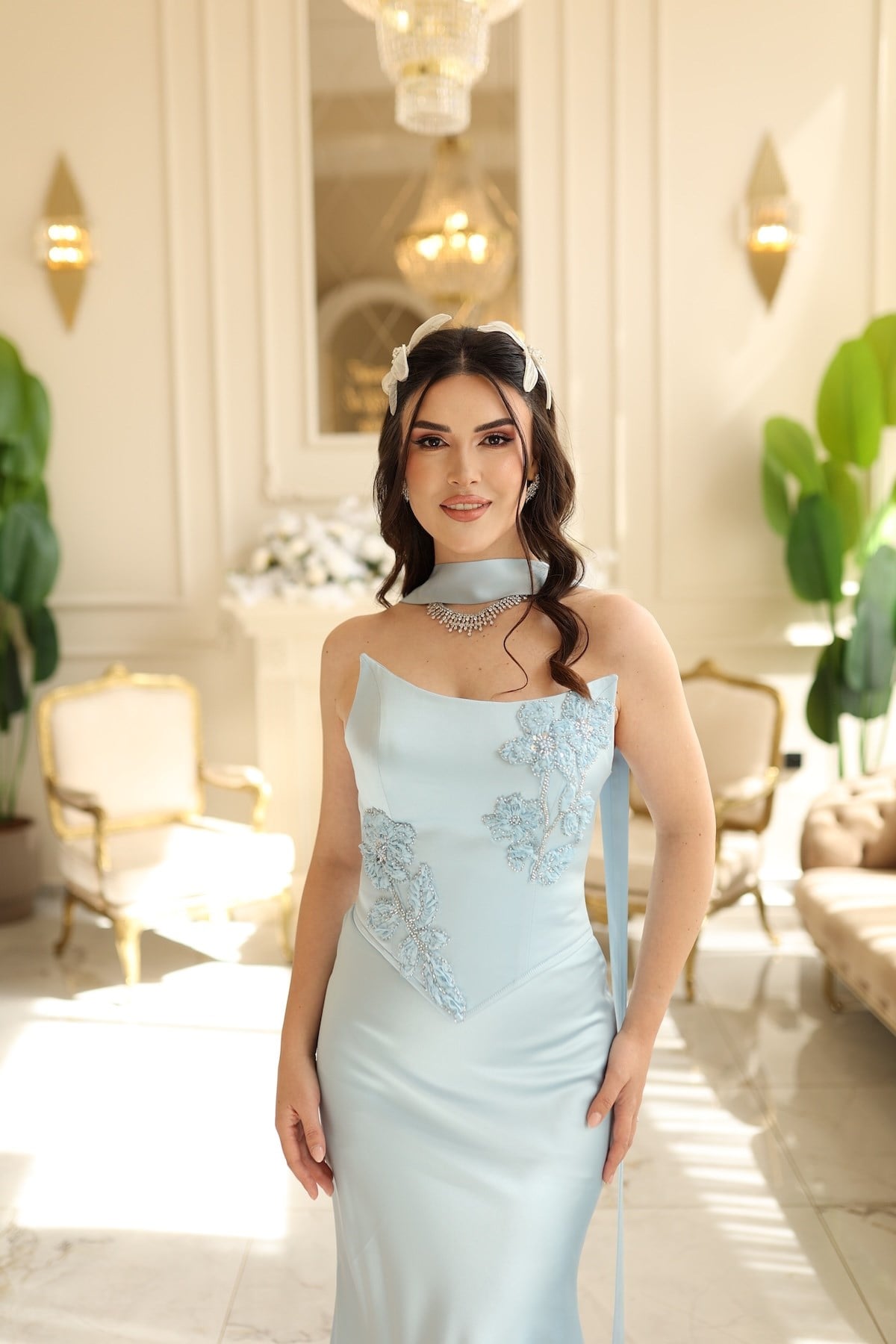 Serena Mavi Balık Saten Şal Korseli Uzun Saten Nişan Davet Elbisesi