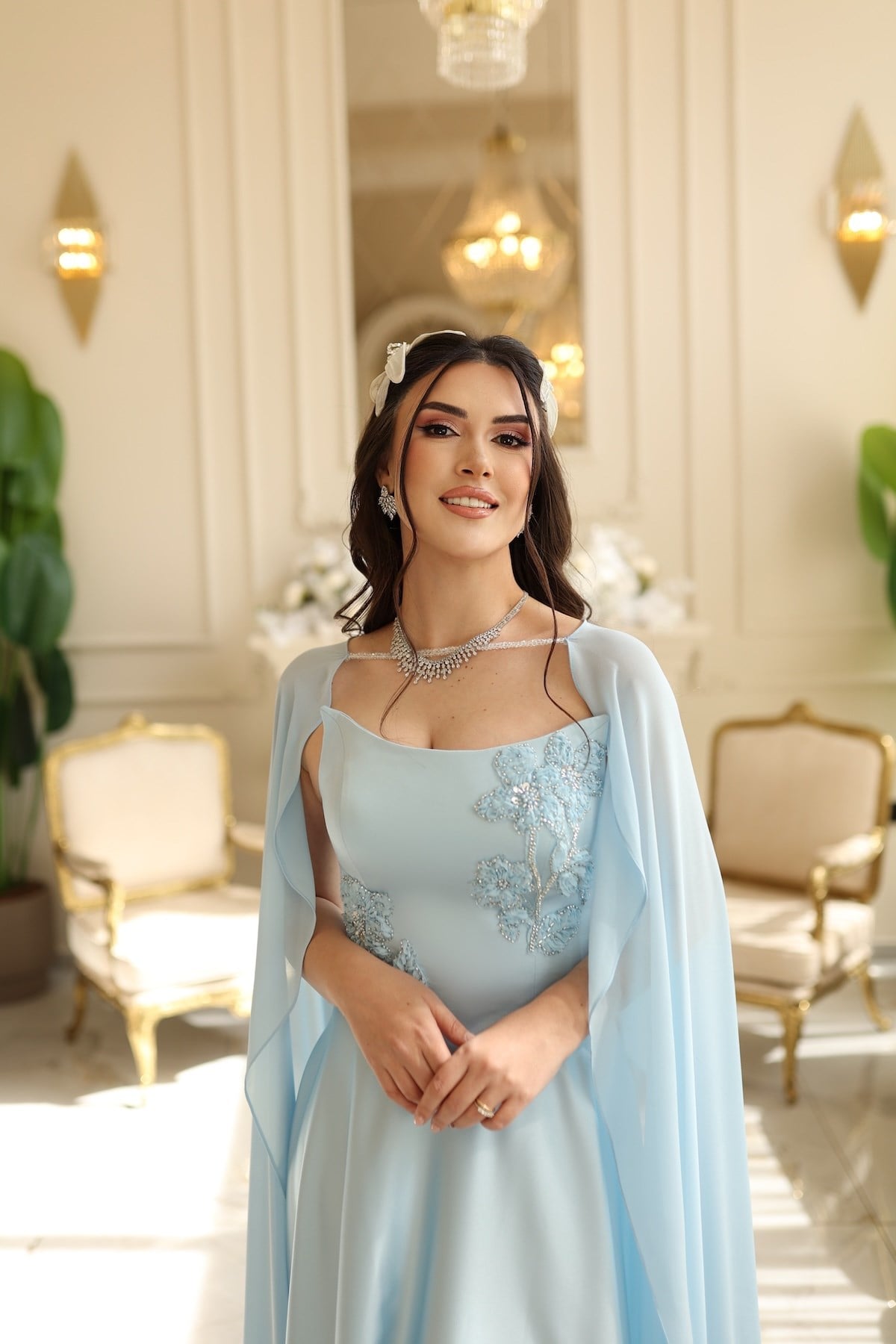 Serena Mavi Şifon Şal Kloş Korseli Uzun Saten Nişan Davet Elbisesi
