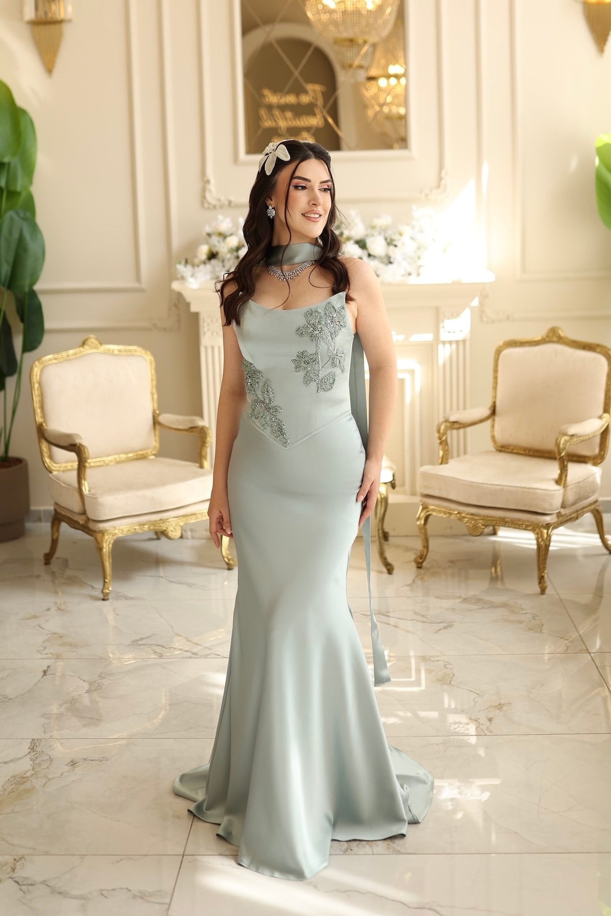 Serena Yeşil Balık Saten Şal Korseli Uzun Saten Nişan Davet Elbisesi