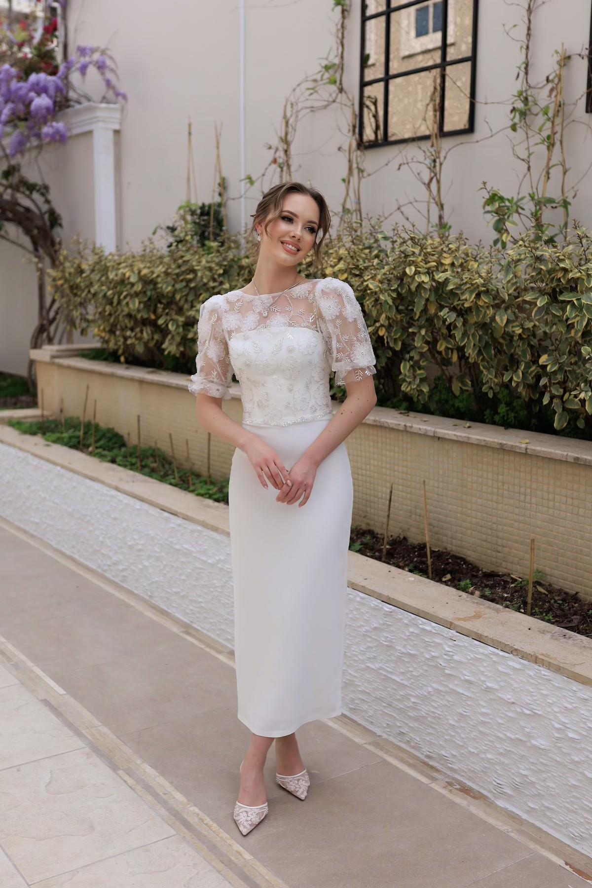 Sienna Kalem Beyaz Özel Tasarım Dantel Detaylı Nikah Nişan Söz Elbisesi