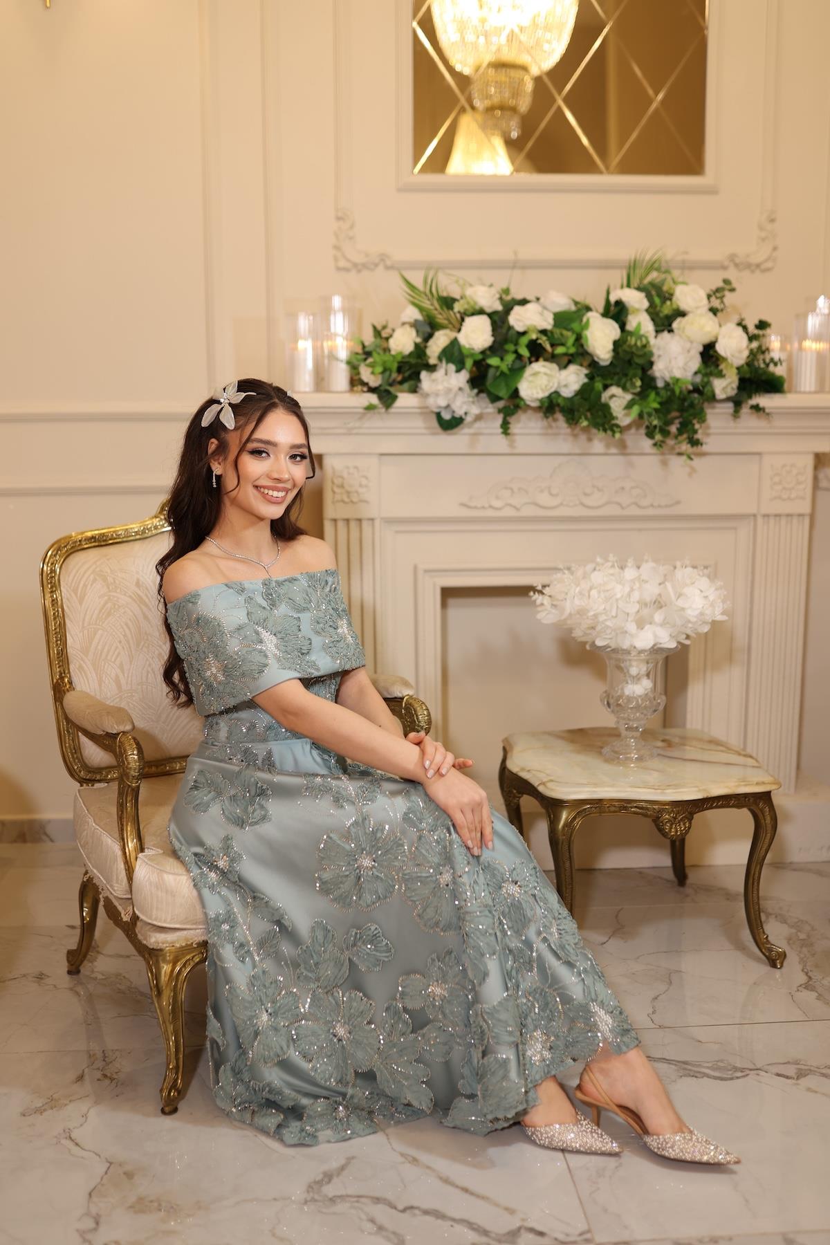 Sindirella Prenses Koyu Yeşil  Çiçekli Özel Tasarım Dantel Nişan Nikah Elbise