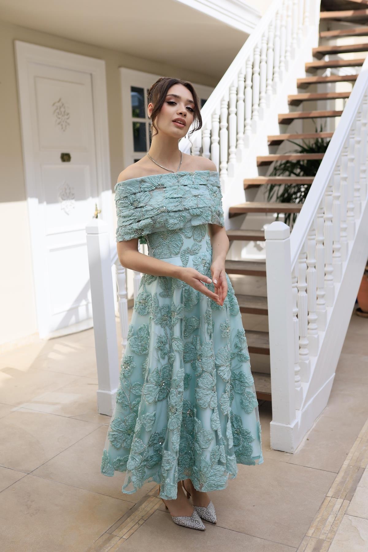 Sindirella Prenses Mint Yeşil Dantel Bolero Çiçekli Özel Tasarım Dantel Abiye Elbise