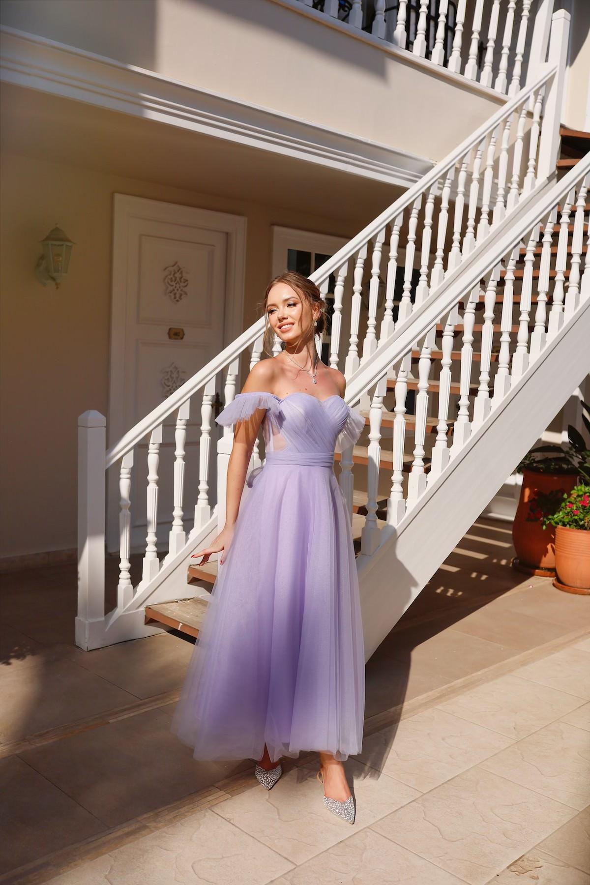 Sofia Lila Özel Tasarım Abiye Tül Elbise