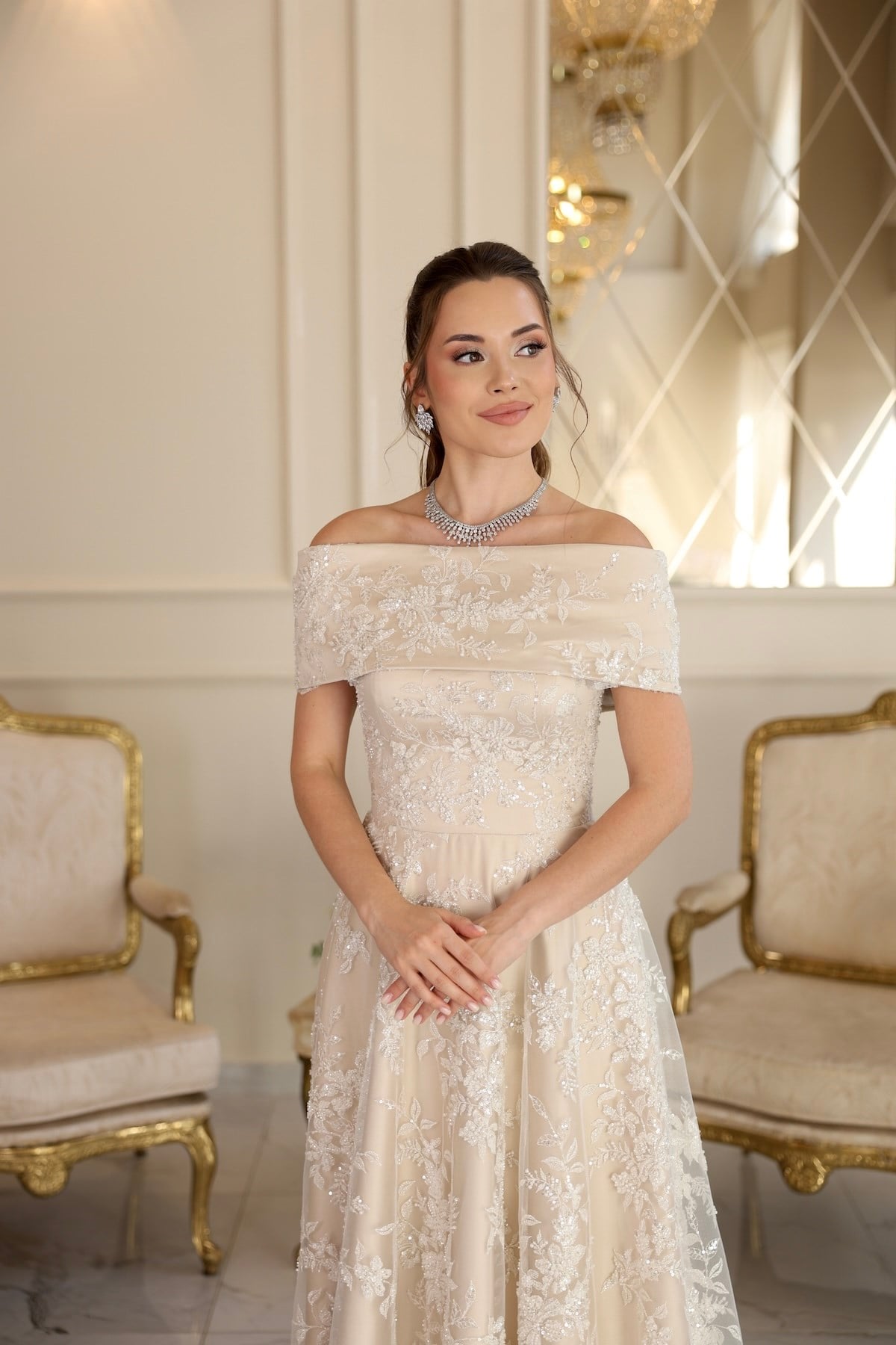 Sorella Bej Beyaz Prenses Dantel Nikah Nişan Söz Elbisesi