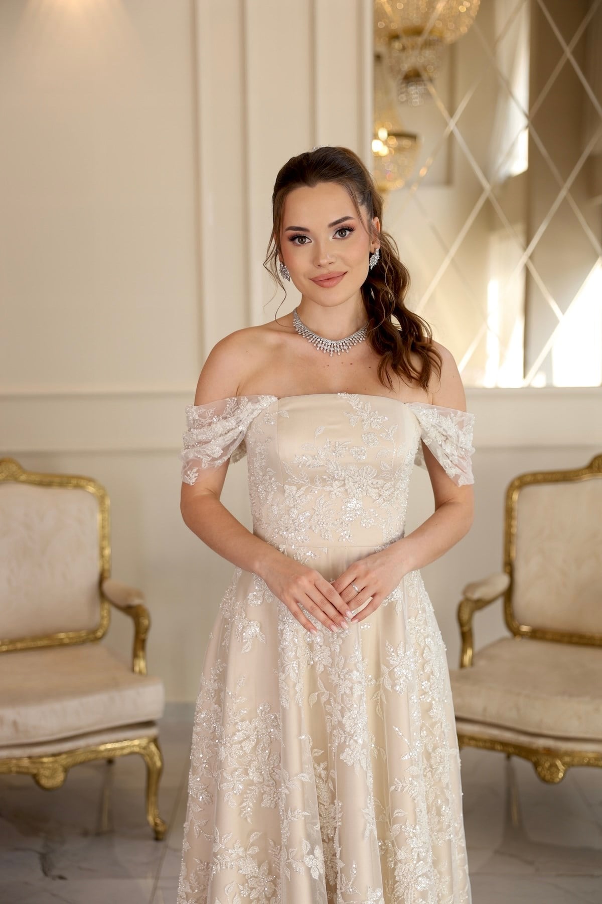 Sorella Bej Beyaz Prenses Dantel Nikah Nişan Söz Elbisesi