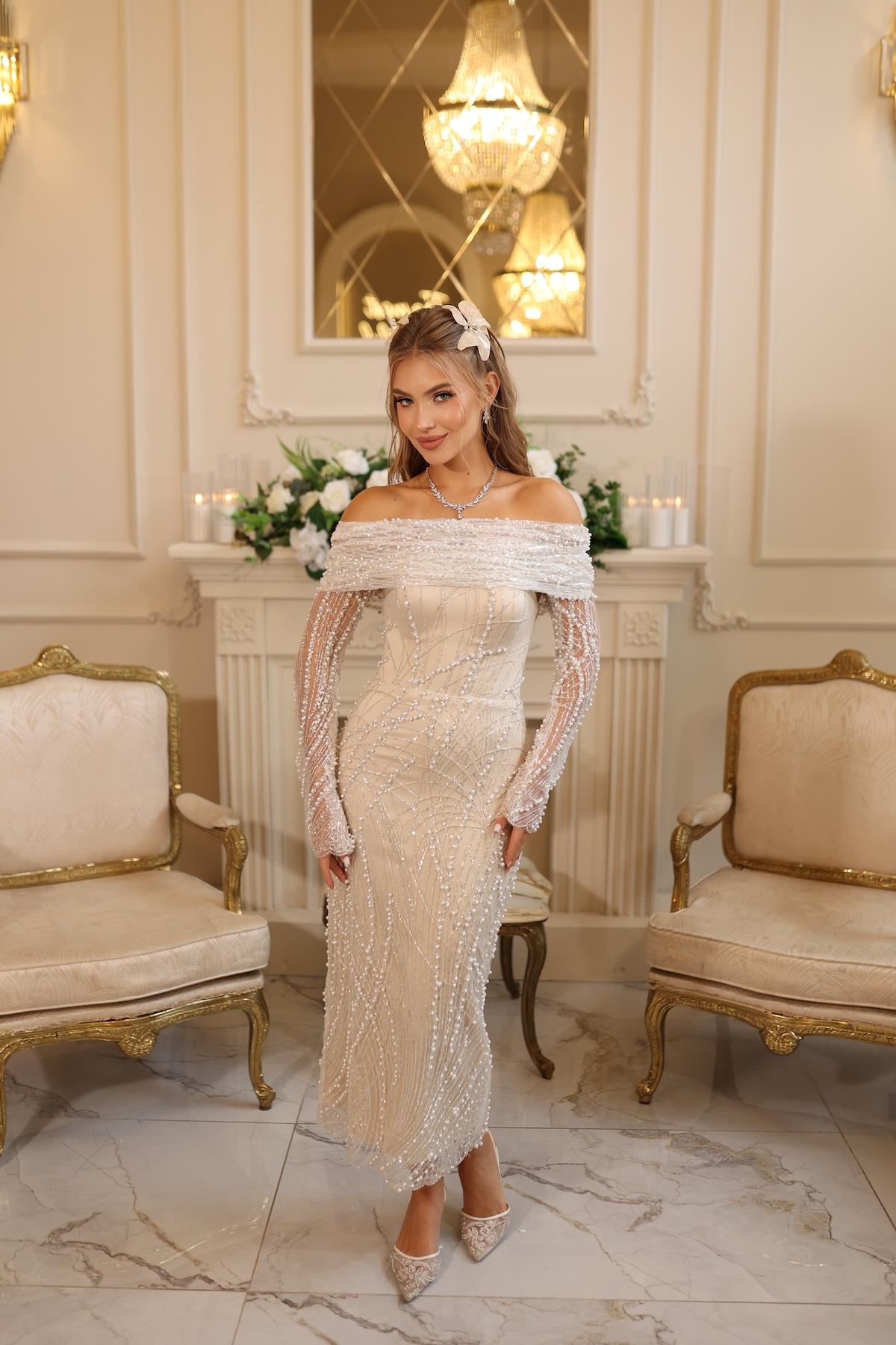 Tiara İnci Kalem Pile Bolero Nişan Nikah Elbise