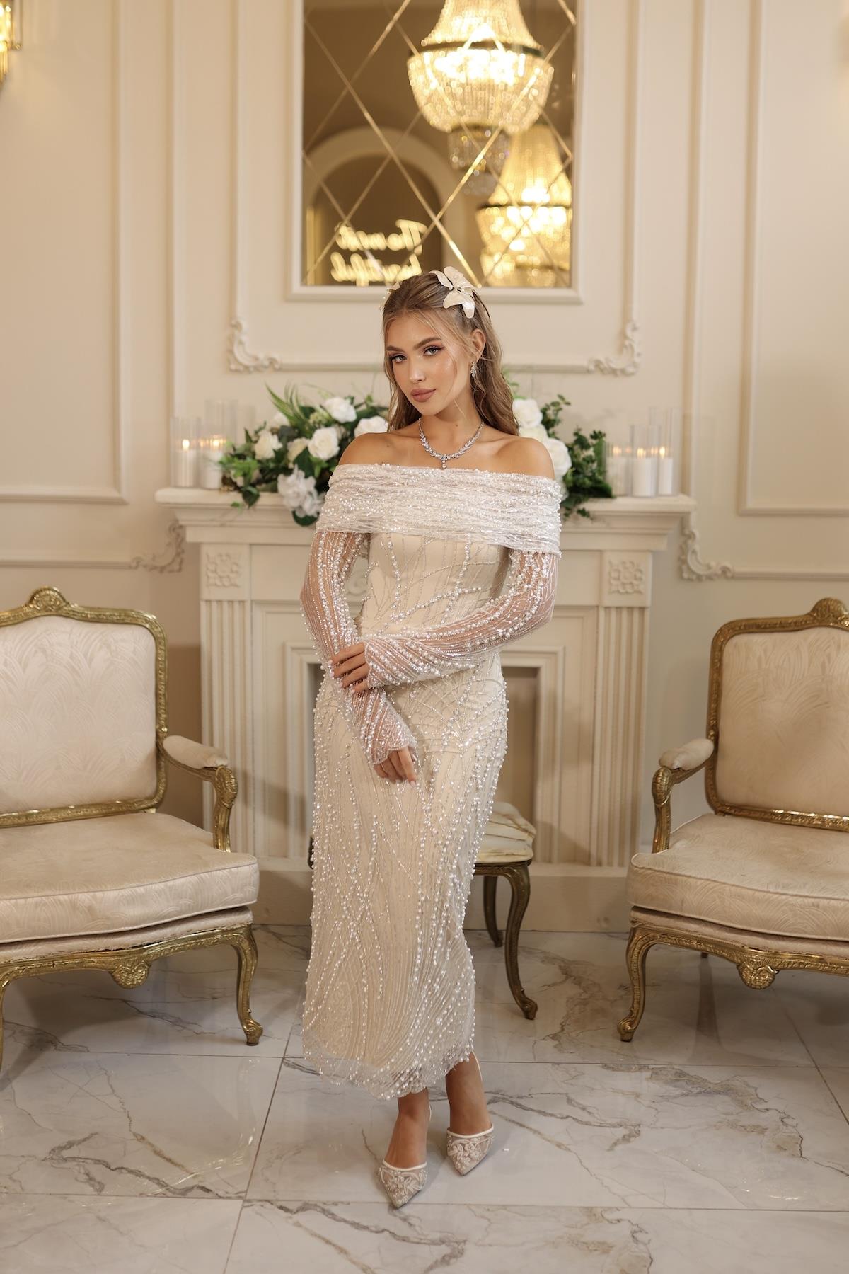 Tiara İnci Kalem Pile Bolero Nişan Nikah Elbise
