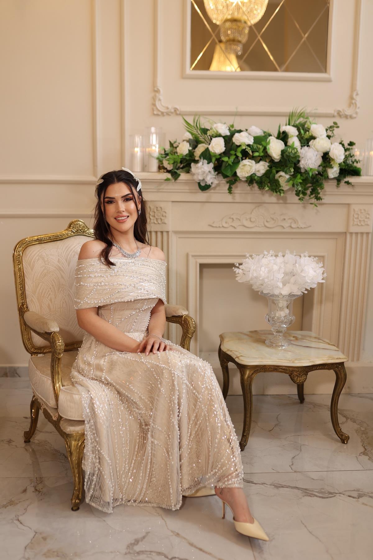 Tiara İnci Prenses Beyaz Dantel Nişan Nikah Elbise