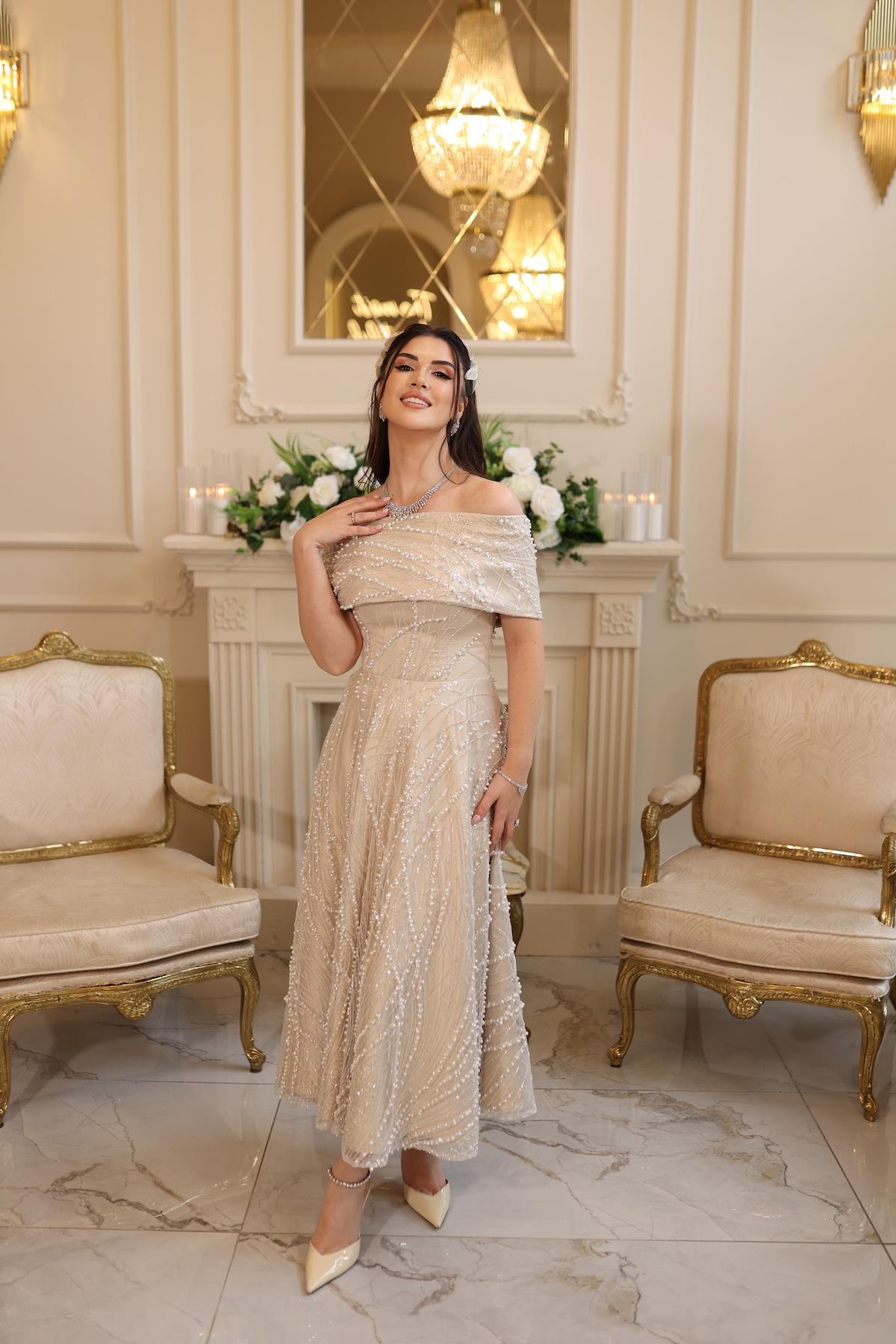 Tiara İnci Prenses Beyaz Dantel Nişan Nikah Elbise