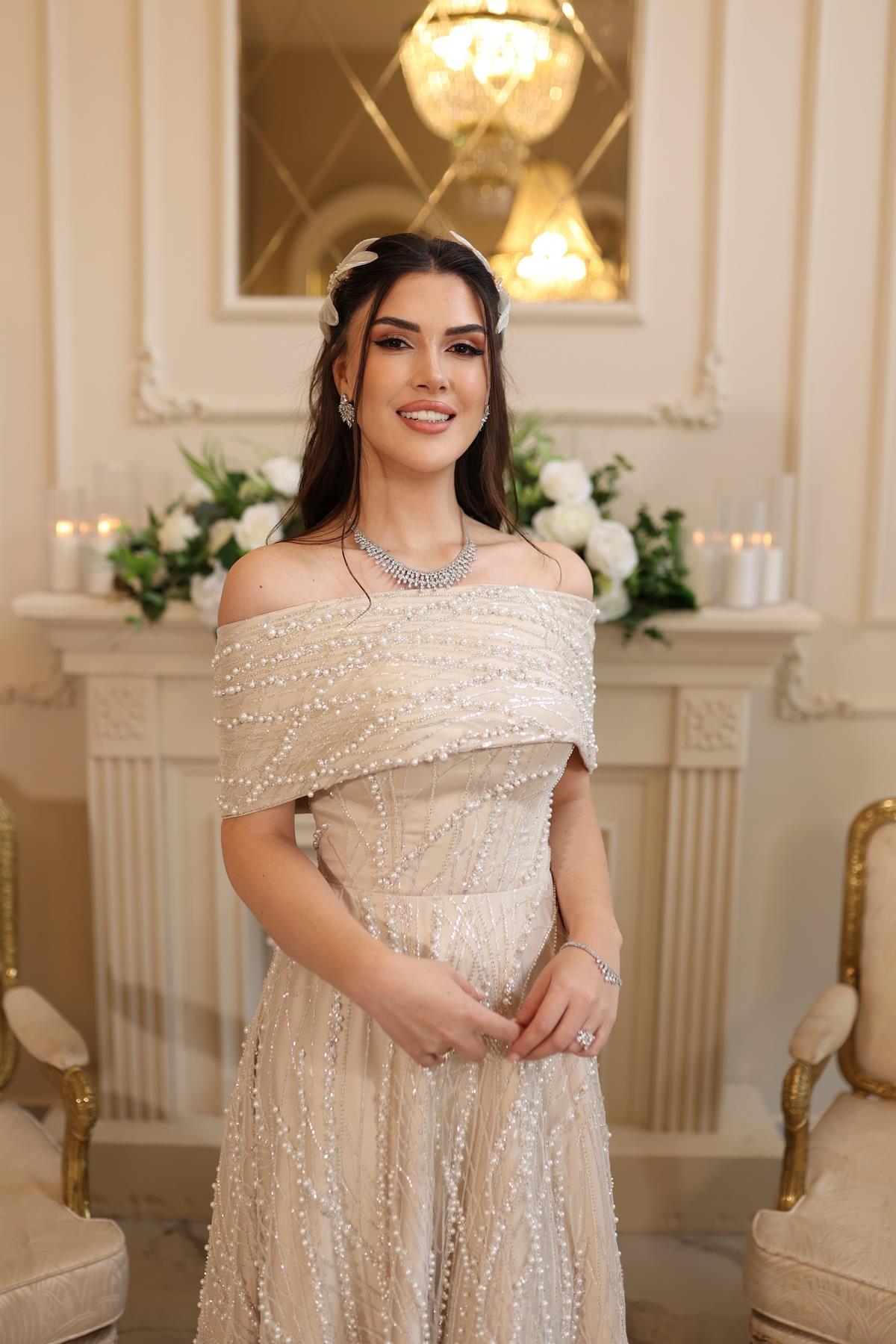 Tiara İnci Prenses Beyaz Dantel Nişan Nikah Elbise