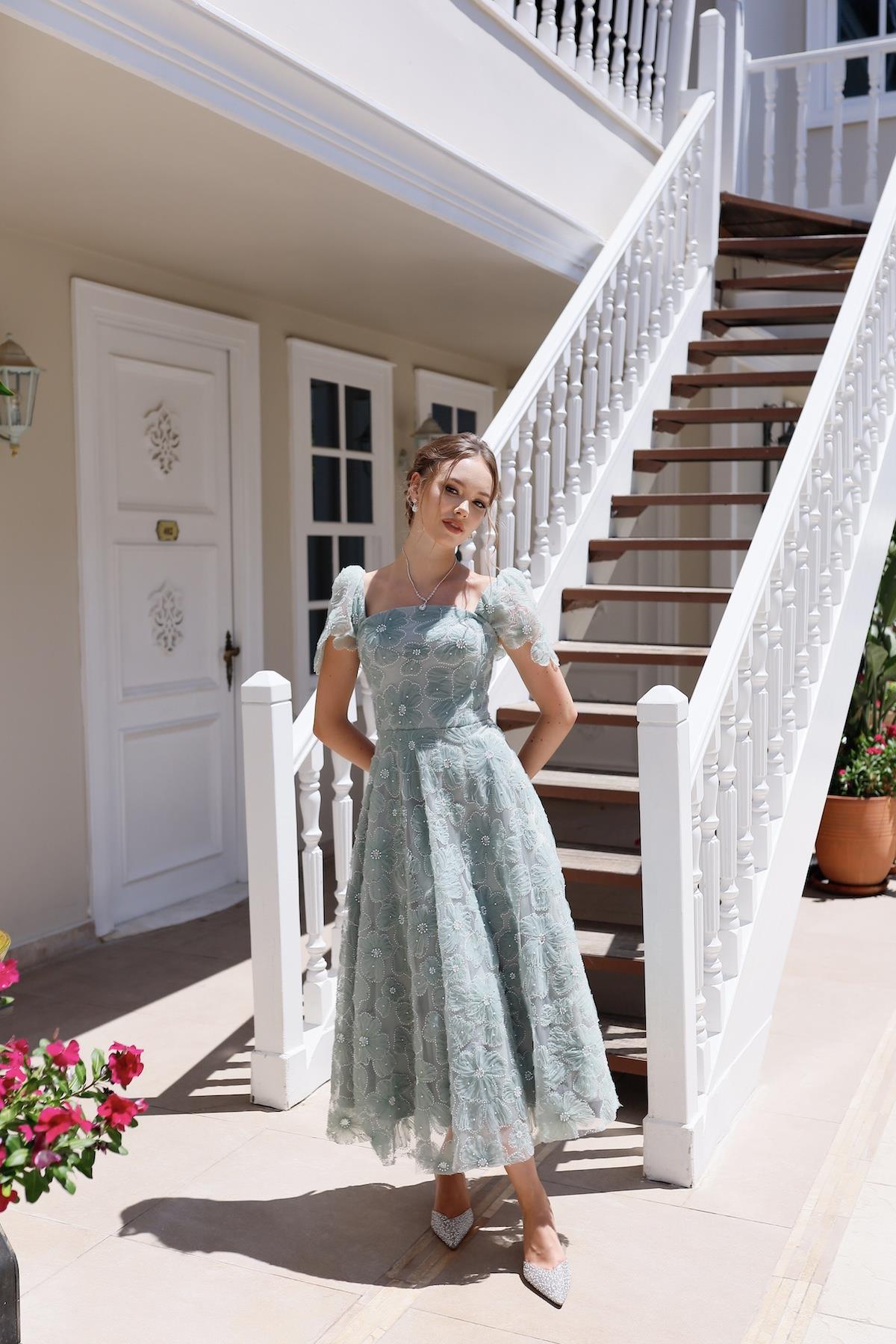 Vasilisa Su Yeşili Dantel Özel Tasarım Abiye Elbise