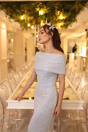 Aden Mavi Dantel Kalem Özel Tasarım Nişan Abiye Elbise