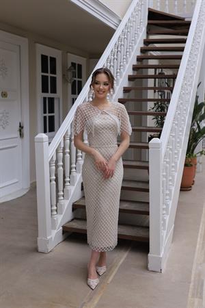 Aden Pelerin Bej Dantel Kalem Özel Tasarım Nişan Abiye Elbise