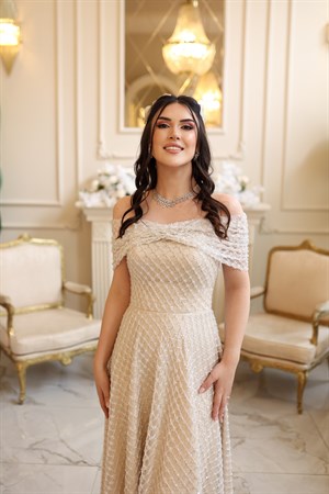 Aden Prenses Bej Beyaz Fiyonk Bolero Elbise
