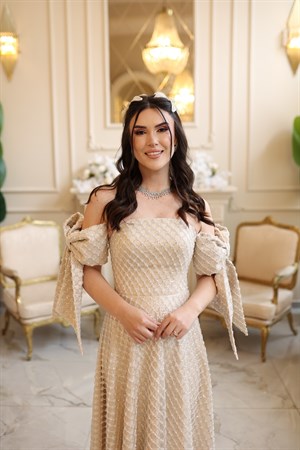 Aden Prenses Bej Beyaz Kurdele Yan Kol Elbise