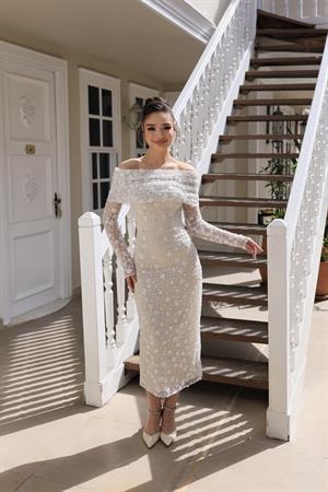 Angelina Beyaz Çiçekli Özel Tasarım Dantel Nişan Nikah Elbisesi