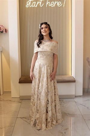 TheElsa | ARES BEJ BEJ MAKSİRENKLİ DANTEL ELBİSELERAres Bej Bej Maxi Prenses Elbise