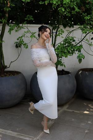 Arora Kalem Beyaz Özel Tasarım Dantel Detaylı Kalem Nikah Nişan Elbisesi