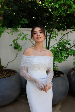 Arora Kalem Beyaz Özel Tasarım Dantel Detaylı Kalem Nikah Nişan Elbisesi