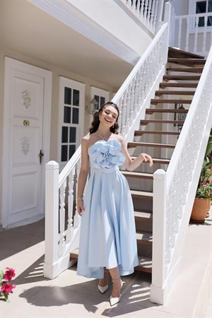 Bella Bebek Mavi Çiçek Tasarımlı Kuyruklu Midiboy Saten Abiye Elbise