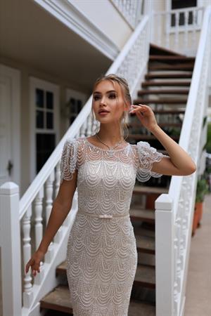 Bianca Bej Beyaz Dantel Özel Tasarım Abiye Elbise
