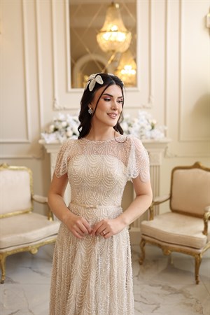 Bianca Prenses Bej Dantel Özel Tasarım Abiye Elbise