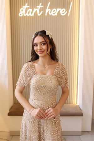Blair Prenses Bej Maksi Taşlı Özel Tasarım Elbise