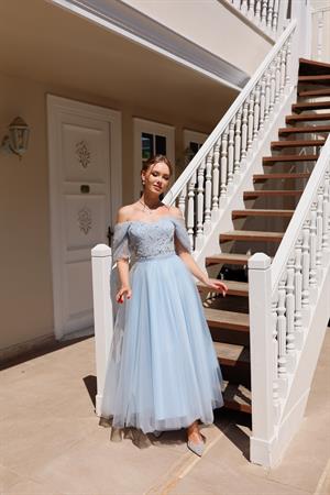 Clara İncili Bebek Mavi Özel Tasarım Abiye Tül Elbise