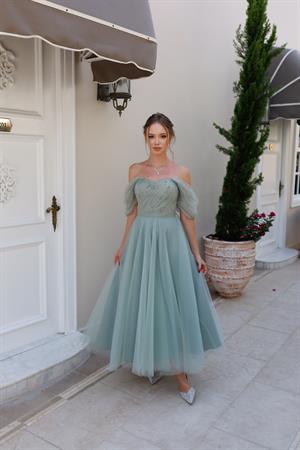 Clara İncili Su Yeşil Özel Tasarım Abiye Tül Elbise