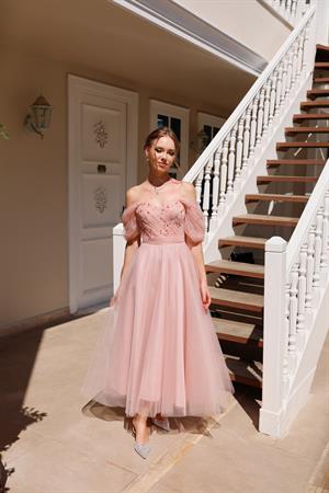 Clara İncili Pudra Pembe Özel Tasarım Abiye Tül Elbise