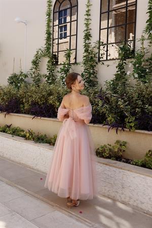 Clara İncili Pudra Pembe Özel Tasarım Abiye Tül Elbise