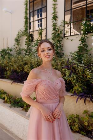 Clara İncili Pudra Pembe Özel Tasarım Abiye Tül Elbise