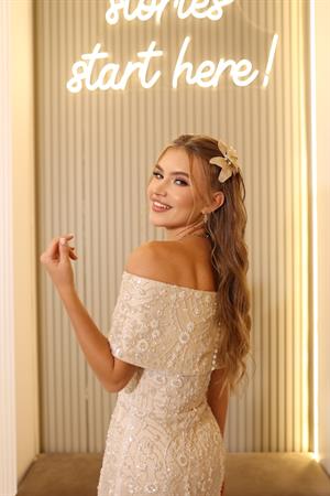Diana Saten Bolero Beyaz Çiçekli Nişan Nikah Davet Elbise