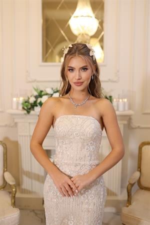 Diana Saten Bolero Beyaz Çiçekli Nişan Nikah Davet Elbise