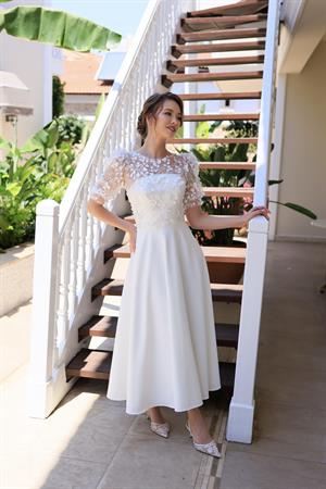 Elena Prenses Beyaz Özel Tasarım Dantel Detaylı Nikah Nişan Söz Elbisesi