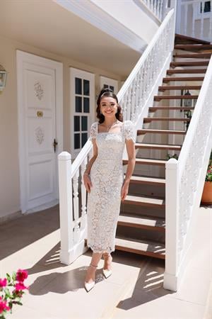 Eliza Kalem Bej Beyaz Dantel Özel Tasarım Nikah Nişan Söz Elbisesi