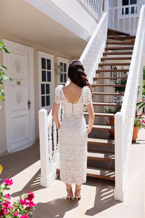 Eliza Kalem Bej Beyaz Dantel Özel Tasarım Nikah Nişan Söz Elbisesi