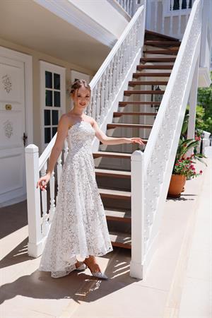 Eliza Prenses Bej Beyaz Dantel Özel Tasarım Nikah Nişan Söz Elbisesi