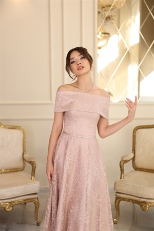 Galisia Prenses Pudra Pembe Maxi  Dantel Özel Tasarım Abiye Elbise