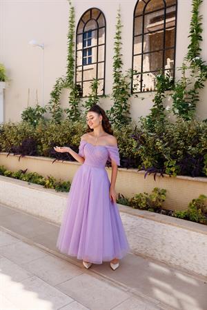 Henna Simli Lila Özel Tasarım Abiye Tül Elbise