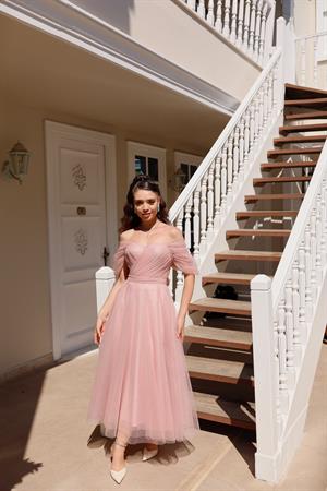 Henna Simli Pudra Pembe Özel Tasarım Abiye Tül Elbise