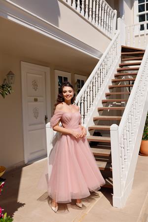 Henna Simli Pudra Pembe Özel Tasarım Abiye Tül Elbise