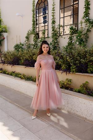 Henna Simli Pudra Pembe Özel Tasarım Abiye Tül Elbise