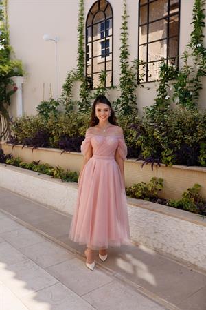 Henna Simli Pudra Pembe Özel Tasarım Abiye Tül Elbise