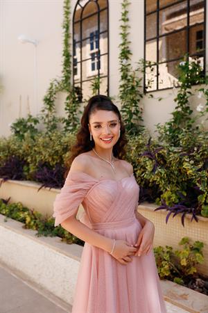 Henna Simli Pudra Pembe Özel Tasarım Abiye Tül Elbise