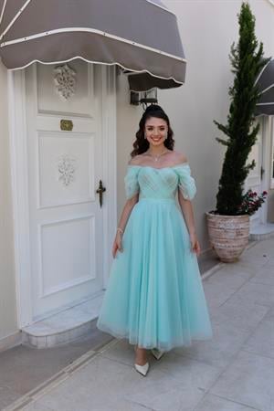 Henna Simli Su Yeşili Özel Tasarım Abiye Tül Elbise