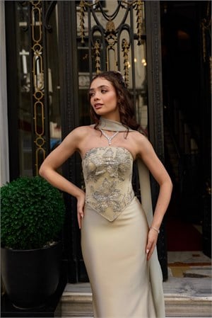 Hera Artemis Oval Yaka Yağ Yeşili Saten Balık Korse Etek Nikah Nişan Söz Elbisesi