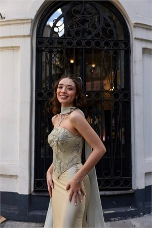 Hera Artemis Oval Yaka Yağ Yeşili Saten Balık Korse Etek Nikah Nişan Söz Elbisesi