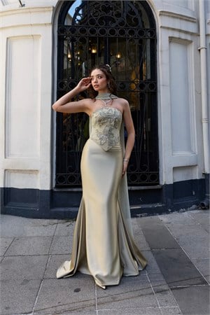 Hera Artemis Oval Yaka Yağ Yeşili Saten Balık Korse Etek Nikah Nişan Söz Elbisesi