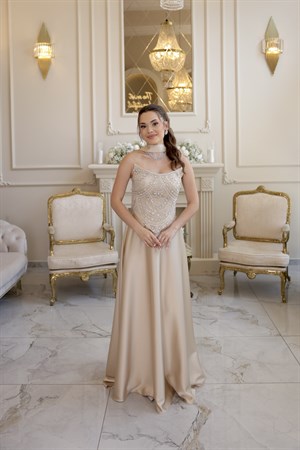 Hera Blair Bej Kloş Etek Özel Tasarım Elbise